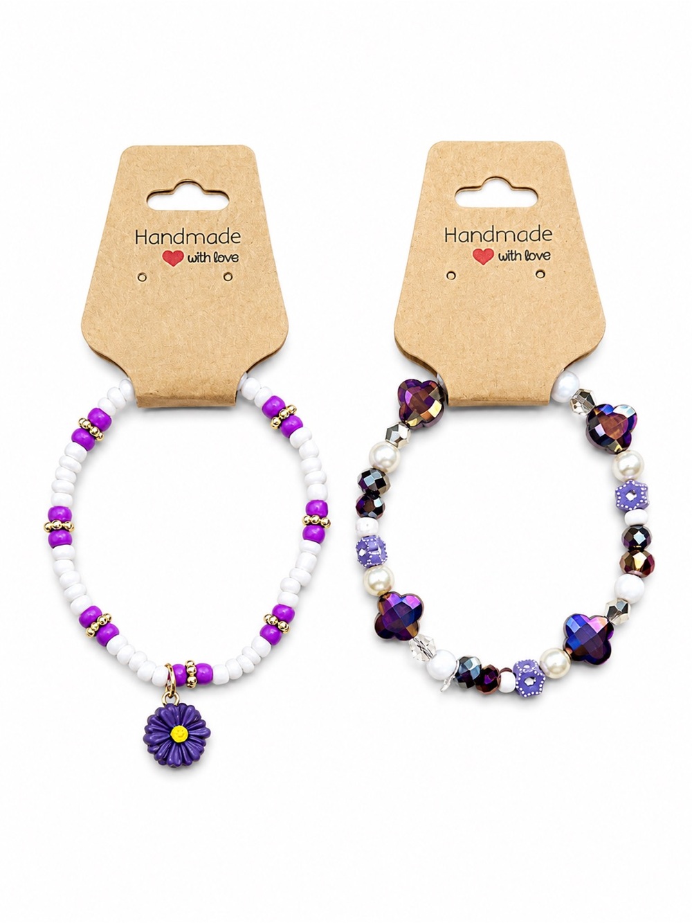 Handmade Purple Beaded Bracelet Set Floral Charm 2 Piece